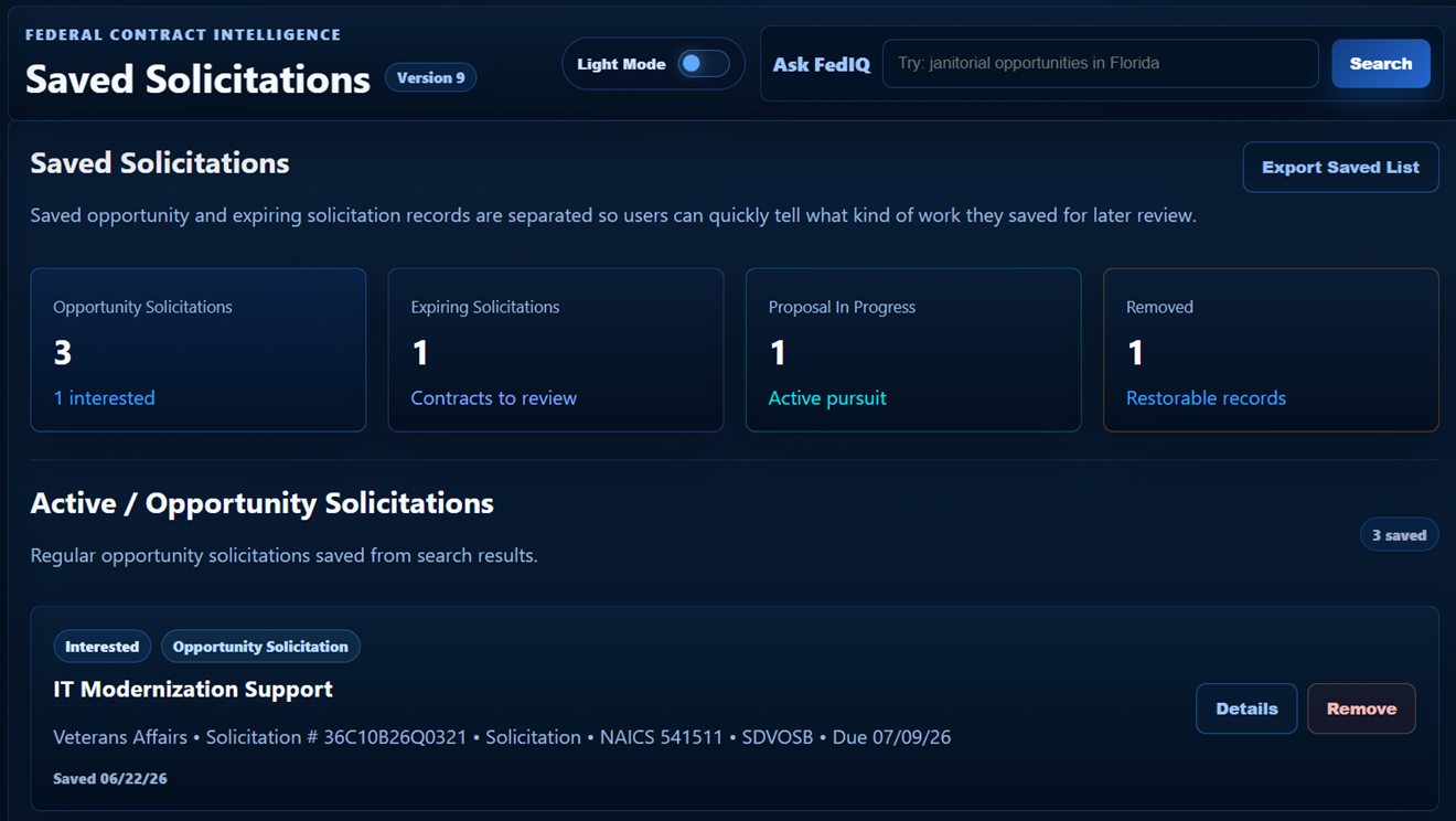 FedIQ360 saved solicitations workflow