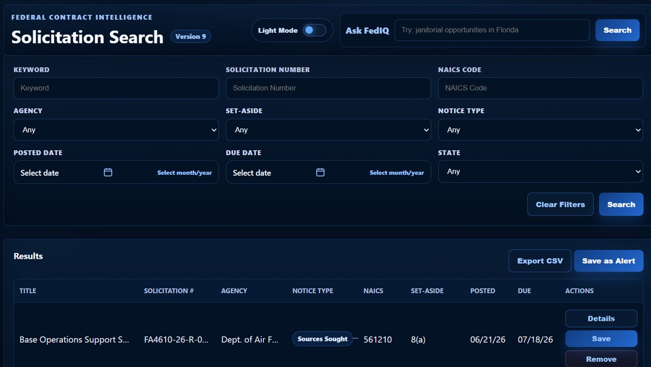 FedIQ360 solicitation search workspace
